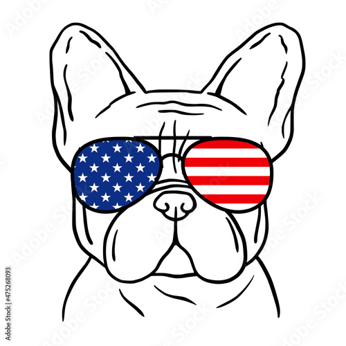 French bulldog black and white hand drawn portrait. French bulldog face in line. Dog head with sunglasses and USA Flag print. Cute muzzle French Bulldog.