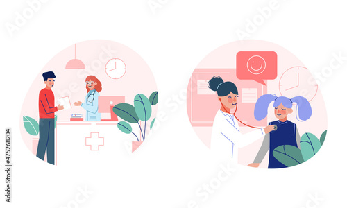 Hospital with Medical Staff Seeing Patient Engaged in Consultation and Diagnosis Vector Set