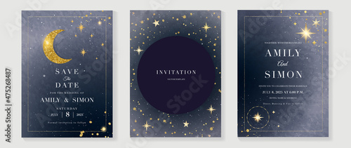 Star and moon themed wedding invitation vector template collection. Gold and luxury save the dated card with watercolor and gold sparkles and brush texture. Starry night cover design background.