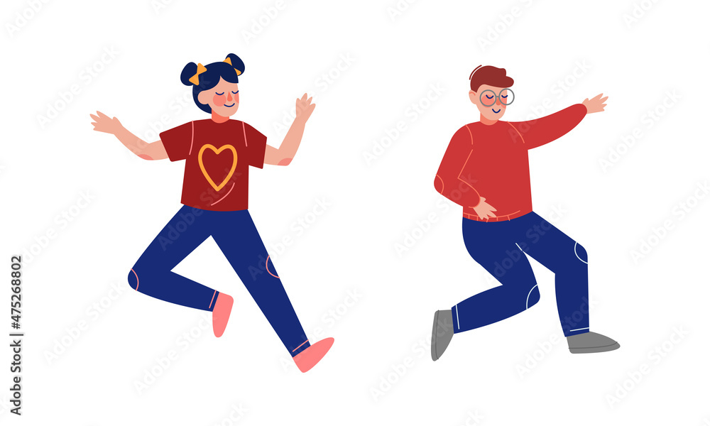 Smiling Teen Boy and Girl Jumping with Joy Raising Hands Up Having Fun Vector Set