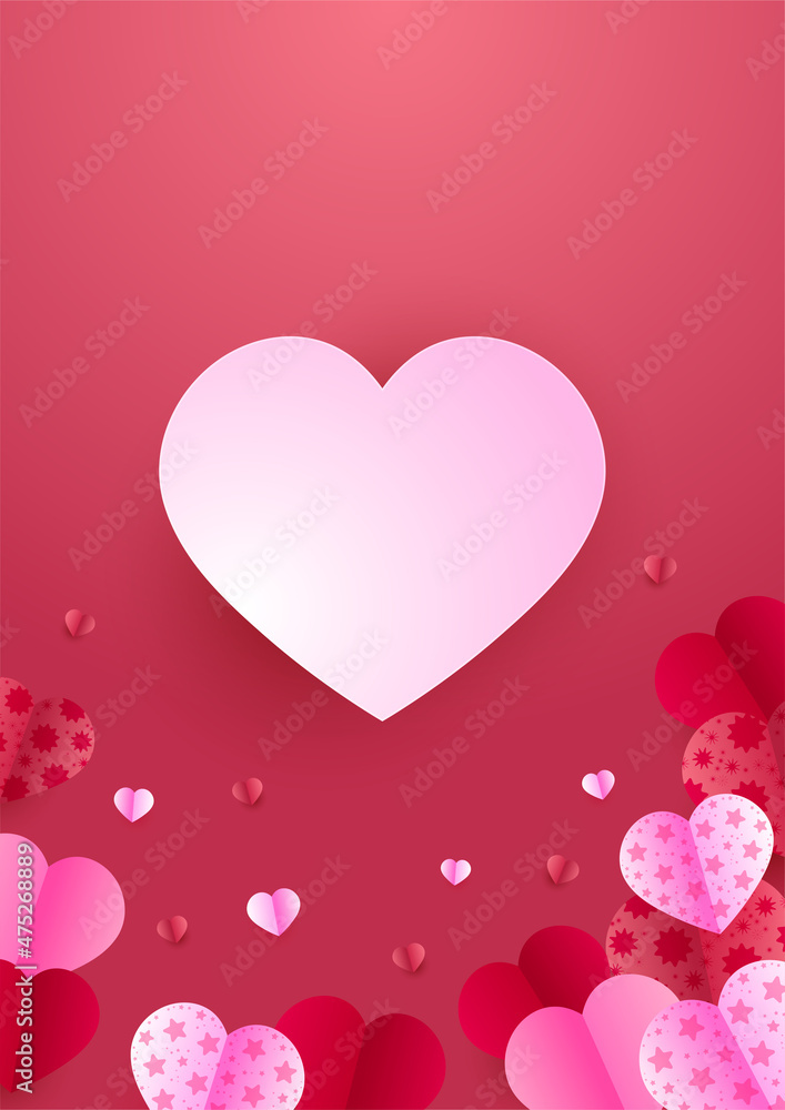 Valentine's day concept poster background. Vector illustration. 3d red and pink paper hearts with frame on geometric background. Cute love sale banners or greeting cards