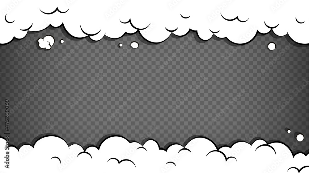 Comic cloud frame background. Cartoon puff cloud frame on transparent  background. Comic book explosion with puffs of smoke. Stock Vector | Adobe  Stock