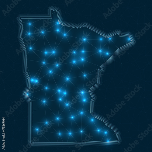 Minnesota network map. Abstract geometric map of the us state. Digital connections and telecommunication design. Glowing internet network. Artistic vector illustration.