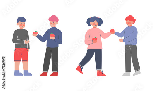 Polite and Kind Kids Sharing Apple with Agemate or Friend Vector Set