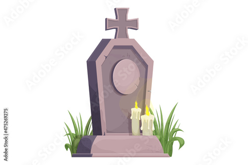 Stone grave, memorial with grass and candles in cartoon style isolated on white background. Funeral, cemetery object. Afterlife monument.