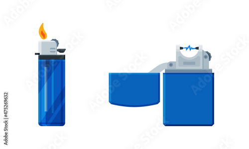 Lighter as Portable Device Generating Flame Used for Ignition Cigarette or Gas Stove Vector Set