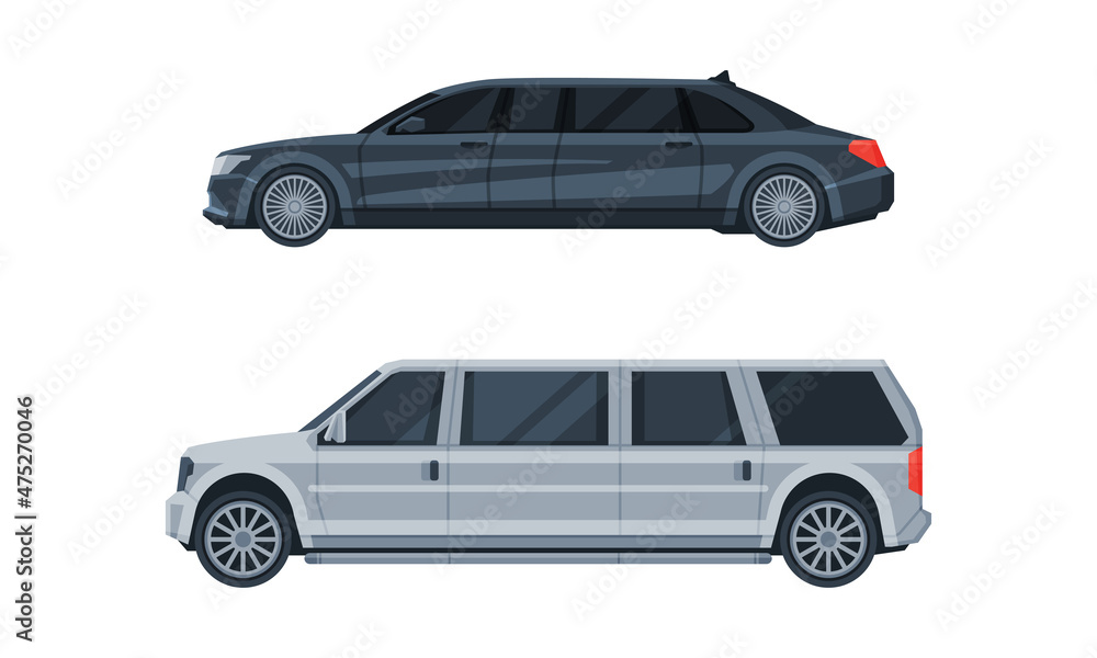 Limousine as Long Wheelbase Luxury Urban Transport Vector Set