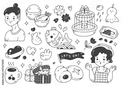 Hand drawn kawaii doodle collection, people, food, drink etc