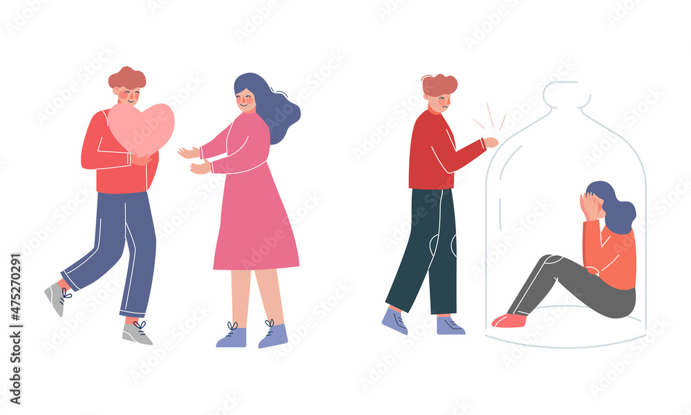 Couple Holding Heart Feeling Love and Sad Man Knocking Jar with Sitting Woman Vector Set Couple Holding Heart Feeling Love and Sad Man Knocking Jar with Sitting Woman Vector Set