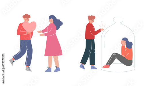 Couple Holding Heart Feeling Love and Sad Man Knocking Jar with Sitting Woman Vector Set