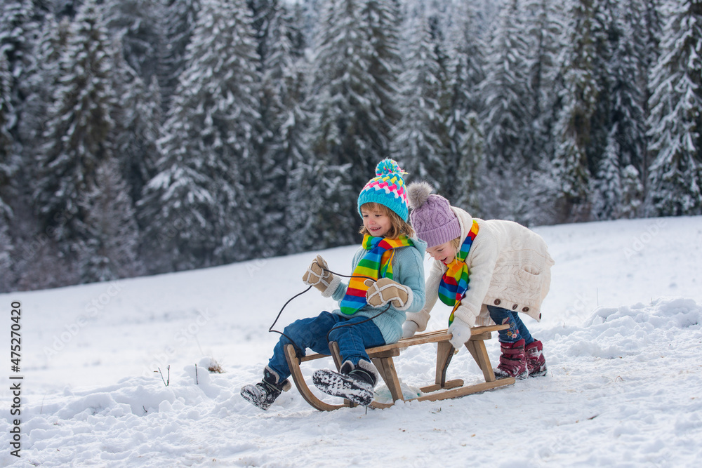 Boy and girl sledding in a snowy forest. Outdoor winter kids fun for Christmas and New Year. Children enjoying a sleigh ride. Cold and snowy winter mountains.