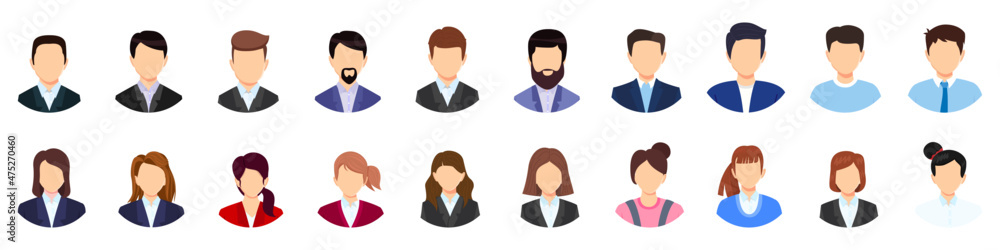 Businesswoman businessman character avatar set with different business outfit isolated on white background with round shape Businesswoman businessman character avatar set with different business outfit isolated on white background with round shape