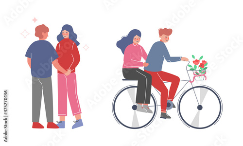 Couple Holding Hand Feeling Love and Riding Bicycle Vector Set