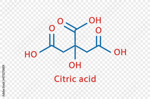 Citric acid chemical formula. Citric acid structural chemical formula isolated on transparent background.