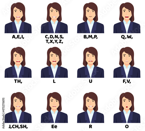 Cute businesswoman cartoon character talking mouth and lips expressions vector animations poses mouth talk animation movement practice English say disassembled separated letter isolated on white