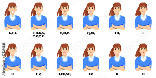 Cute businesswoman cartoon character talking mouth and lips expressions vector animations poses mouth talk animation movement practice English say disassembled separated letter