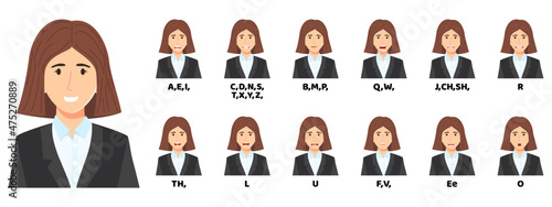 Cute businesswoman cartoon character talking mouth and lips expressions vector animations poses mouth talk animation movement practice English say disassembled separated letter isolated