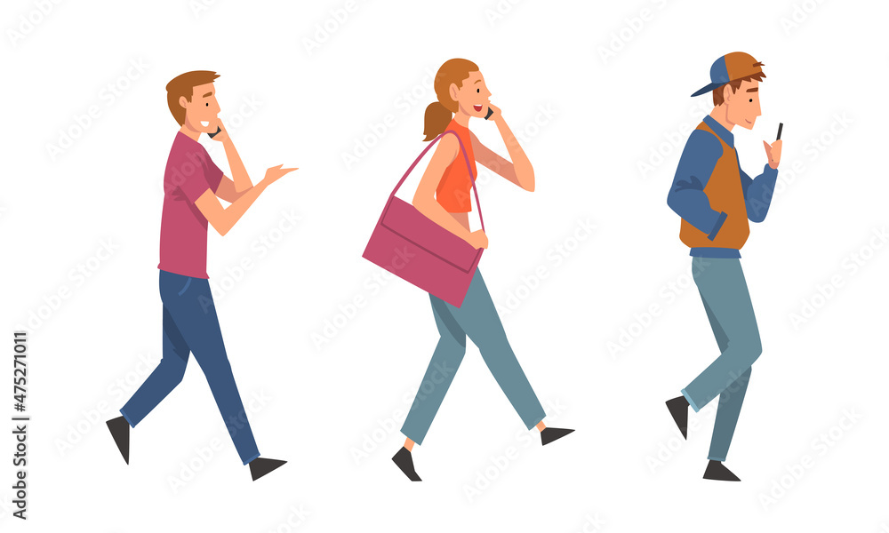 People Character Walking and Speaking by Smartphone or Chatting Vector Set People Character Walking and Speaking by Smartphone or Chatting Vector Set