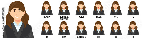 Modern cute businesswoman cartoon character talking mouth and lips expressions vector animations poses mouth talk animation movement practice English say disassembled separated letter isolated