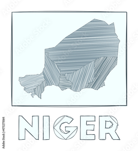 Sketch map of Niger. Grayscale hand drawn map of the country. Filled regions with hachure stripes. Vector illustration. photo