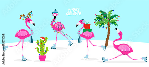 Merry Christmas! - Calligraphy phrase  with cute flamingos. Hand drawn lettering for Xmas greetings cards, invitations. Good for t-shirt, mug, scrap booking, gift.