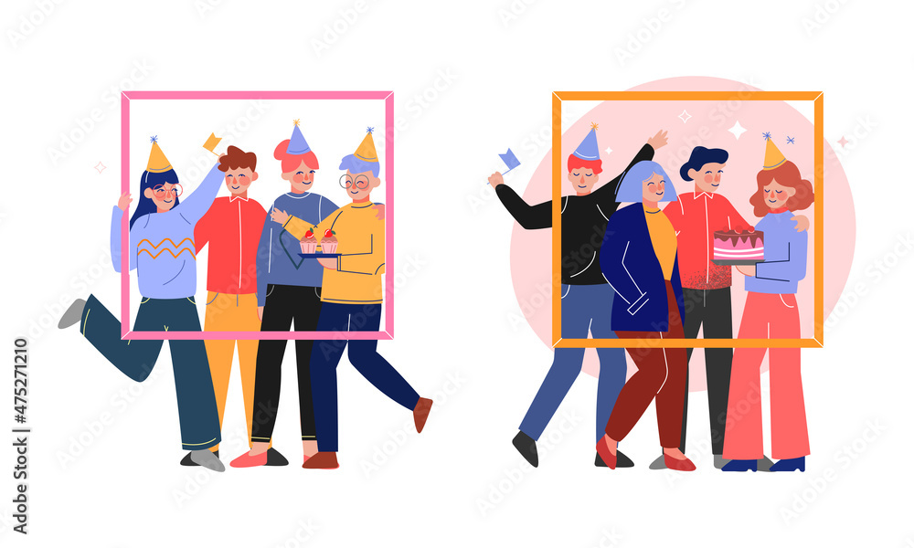 Group of Friends Wearing Cone Hat Celebrating Birthday and Holding Portrait Frame Vector Set