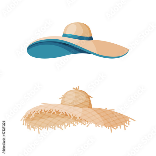 Straw Hat as Brimmed Woven Headdress Vector Set