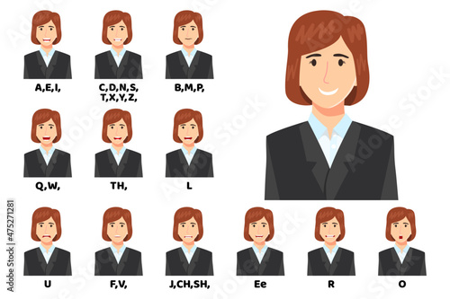 Modern beautiful businesswoman cartoon character talking mouth and lips expressions vector animations poses mouth talk animation movement practice English say disassembled separated letter