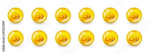 Set of B vitamin complex. Vitamin B1, B3, B6, B9, B12 and more. 3D Multivitamin supplement illustration concept.