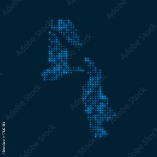 Pig Beach dotted glowing map. Shape of the island with blue bright bulbs. Vector illustration.