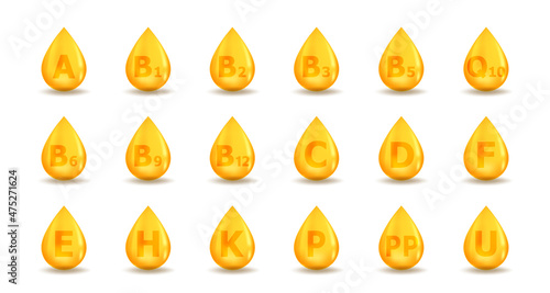 Set of vitamin drop complex. Vitamin A, B, C, D, E, K, F, U, H, P, PP and more. Multivitamin supplement illustration concept.