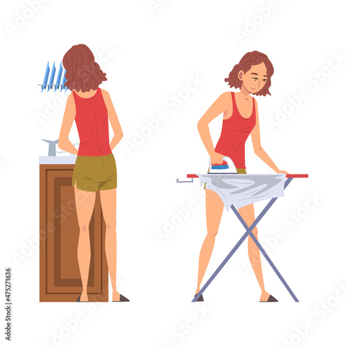 Woman Housewife Doing Domestic Chores Washing the Dishes and Clothes Ironing Vector Set