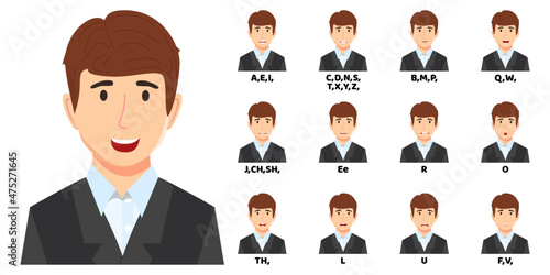 Beautiful businessman cartoon character talking mouth and lips expressions vector animations poses mouth talk animation movement practice English say disassembled separated letter