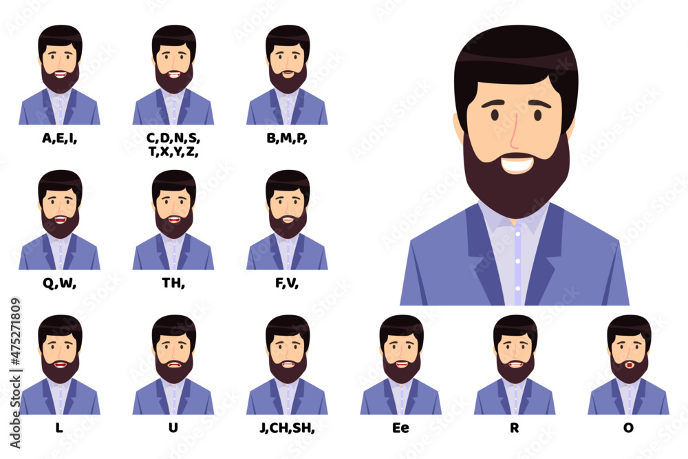 Modern cute businessman cartoon character talking mouth and lips expressions vector animations poses mouth talk animation movement practice English say disassembled separated letter Modern cute businessman cartoon character talking mouth and lips expressions vector animations poses mouth talk animation movement practice English say disassembled separated letter
