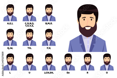Modern cute businessman cartoon character talking mouth and lips expressions vector animations poses mouth talk animation movement practice English say disassembled separated letter