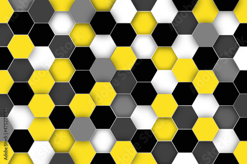 Honey combs graphic background in yellow, black and grey colors.