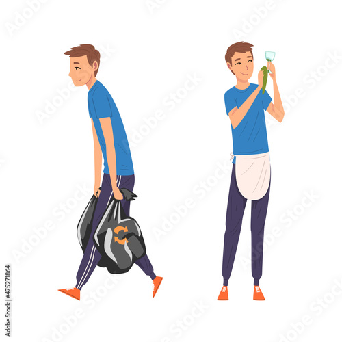 Man Doing Domestic Chores Polishing Glass and Discarding Rubbish Vector Set