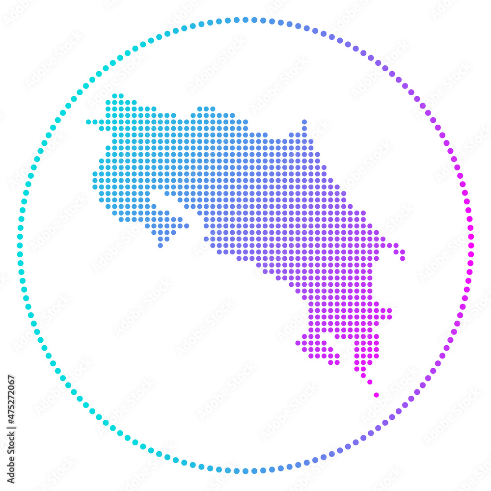 Costa Rica digital badge. Dotted style map of Costa Rica in circle. Tech icon of the country with gradiented dots. Trendy vector illustration.