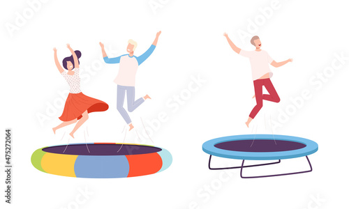 Cheerful People Character Jumping and Bouncing on Trampoline Having Fun Vector Set
