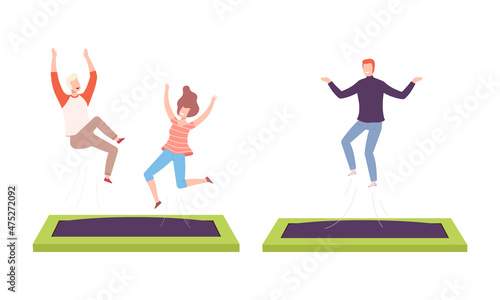 Cheerful People Character Jumping and Bouncing on Trampoline Having Fun Vector Set
