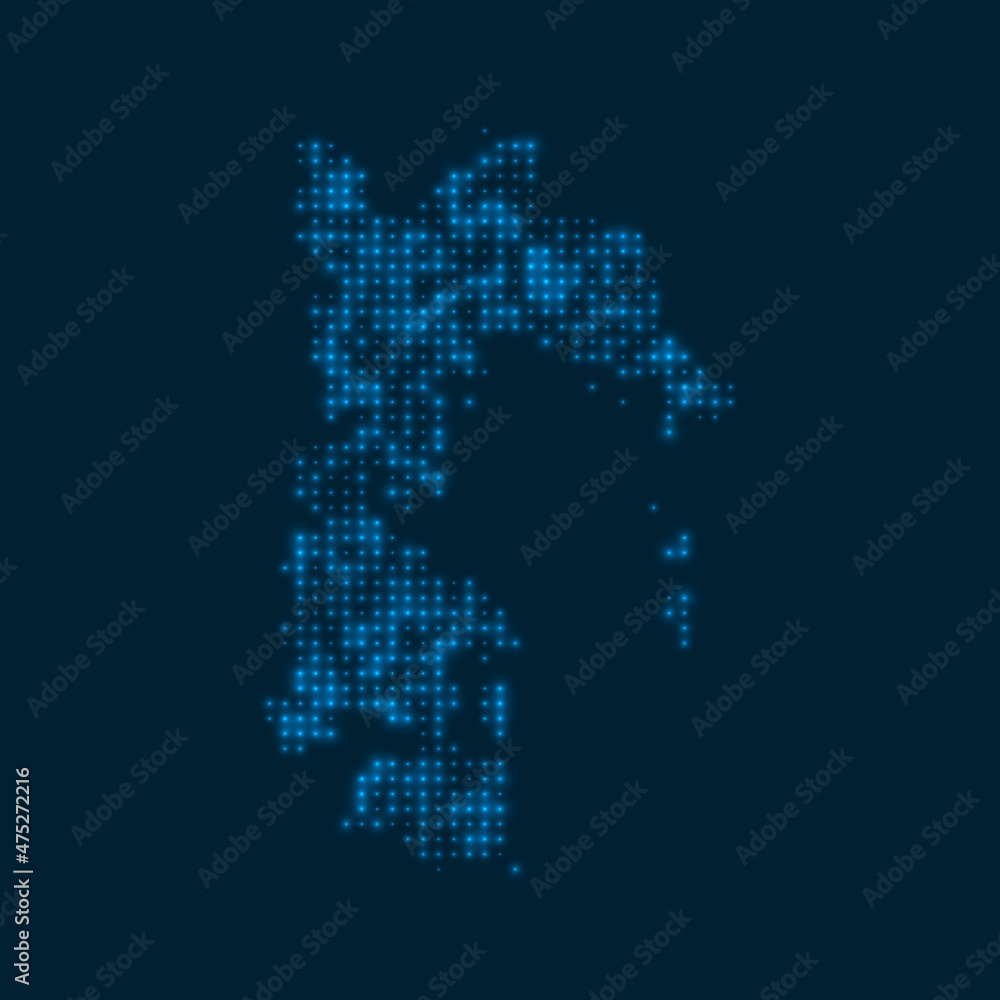 Patmos dotted glowing map. Shape of the island with blue bright bulbs. Vector illustration.
