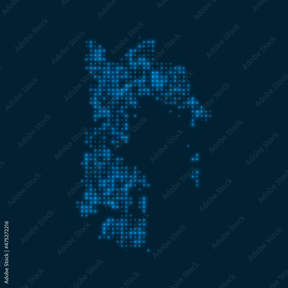 Patmos dotted glowing map. Shape of the island with blue bright bulbs. Vector illustration. Patmos dotted glowing map. Shape of the island with blue bright bulbs. Vector illustration.