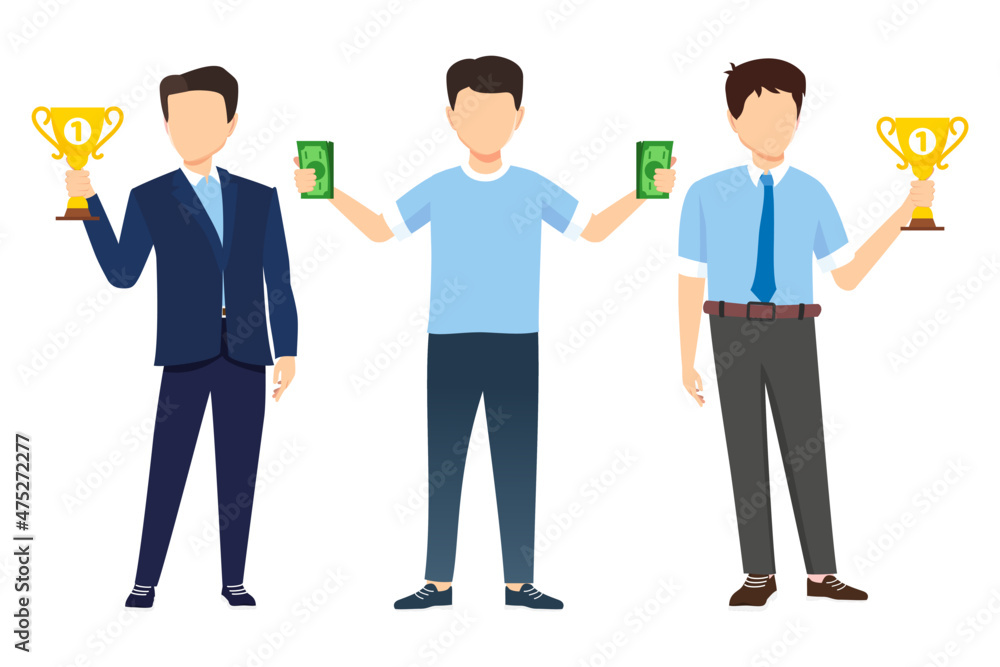 Businessman face less characters set team standing together and posing isolated holding money Businessman face less characters set team standing together and posing isolated holding money