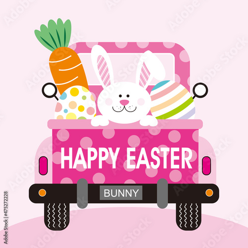 Easter car with bunny, eggs and carrot for easter card