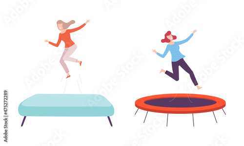Cheerful Woman Character Jumping and Bouncing on Trampoline Having Fun Vector Set