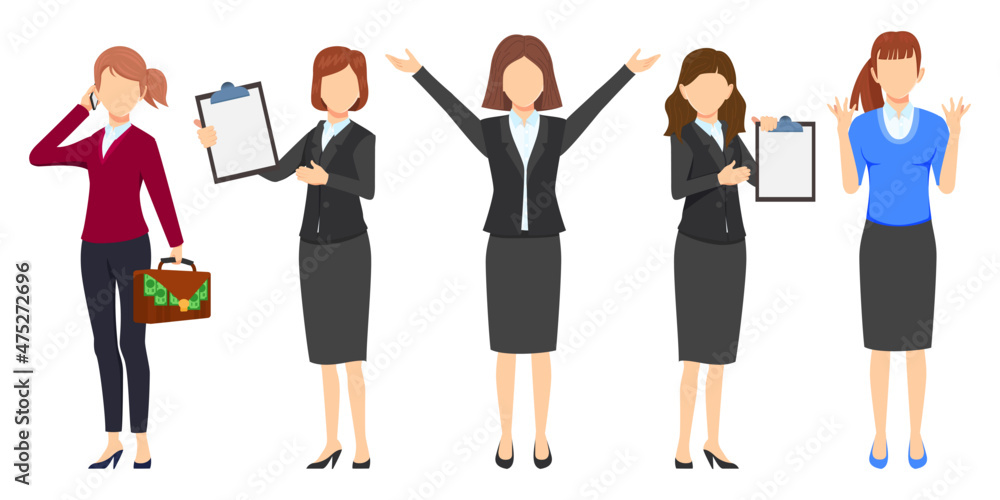 Fototapeta premium Businesswoman face less character set team standing together and posing isolated holding bag with money and clipboard and waving