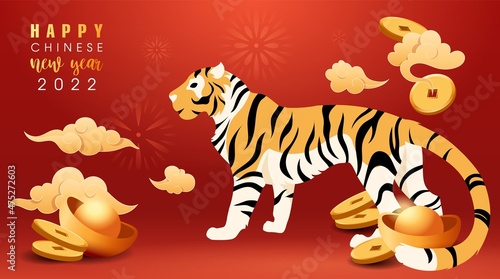 Chinese new year, 2022 year of the tiger. Happy tet and seollal holiday. Strong tiger and oriental gold clouds. Red banner with sign of coming year, golden ingots and money on CNY. Vector illustration