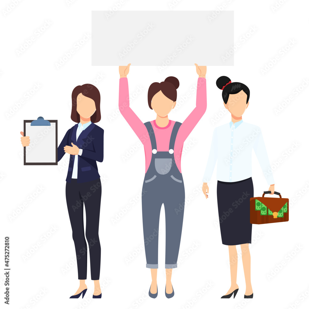 Businesswoman face less character set team standing together and posing isolated holding clipboard and blank placard Businesswoman face less character set team standing together and posing isolated holding clipboard and blank placard