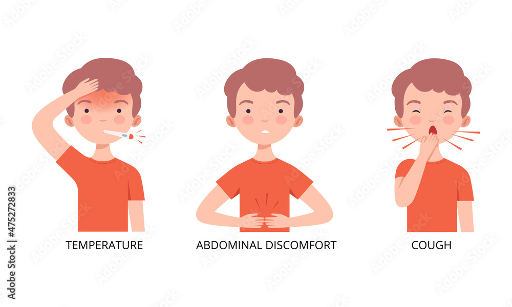 Little Boy Suffering from Cough and Temperature Vector Set Little Boy Suffering from Cough and Temperature Vector Set