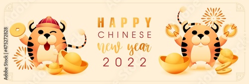 Cute tigers are holding gold yuan coins. Symbol of the coming year in a traditional oriental hat. Background for chinese new year 2022 banner with golden bars and flowers pattern. Vector illustration